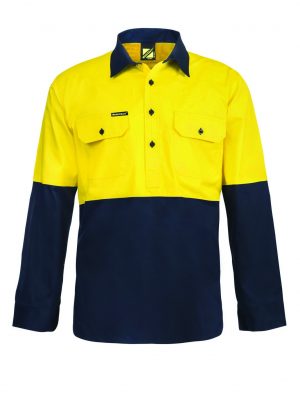 LIGHTWEIGHT HI VIS CLOSED FRONT VENTED COTTON DRILL SHIRT WITH SEMI GUSSET SLEEVES