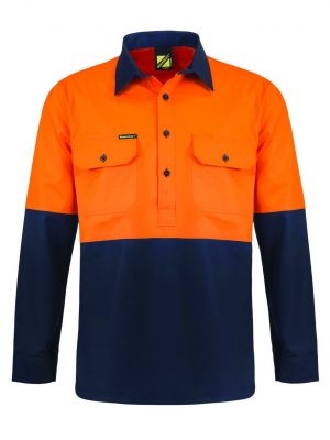 LIGHTWEIGHT HI VIS CLOSED FRONT VENTED COTTON DRILL SHIRT WITH SEMI GUSSET SLEEVES
