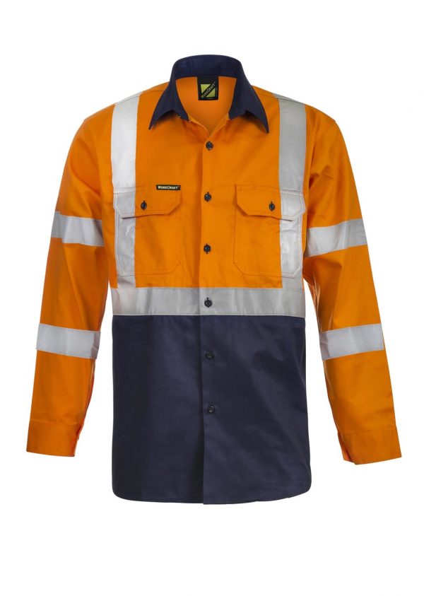 HI VIS LONG SLEEVE COTTON DRILL REFLECTIVE SHIRT WITH X PATTERN - workcraft