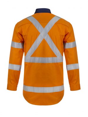 HI VIS LONG SLEEVE COTTON DRILL REFLECTIVE SHIRT WITH X PATTERN