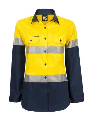 LADIES LIGHTWEIGHT HI VIS LONG SLEEVE VENTED REFLECTIVE COTTON DRILL SHIRT