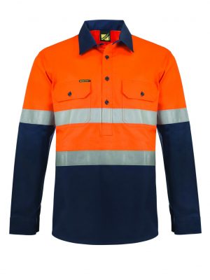 LIGHTWEIGHT HI VIS CLOSED FRONT VENTED COTTON DRILL REFLECTIVE SHIRT WITH SEMI GUSSET SLEEVES