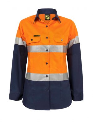 LADIES LIGHTWEIGHT HI VIS LONG SLEEVE VENTED REFLECTIVE COTTON DRILL SHIRT