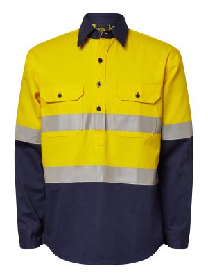 HEAVY DUTY HYBRID HI VIS CLOSED FRONT COTTON DRILL REFLECTIVE SHIRT WITH GUSSET SLEEVES