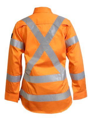LADIES LIGHTWEIGHT HI VIS LONG SLEEVE VENTED REFLECTIVE SHIRT WITH X PATTERN-NSW RAIL COMPLIANT